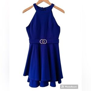 Halter Sleeveless Party Festive Blue Dress with Gold Accent Faux Buckle